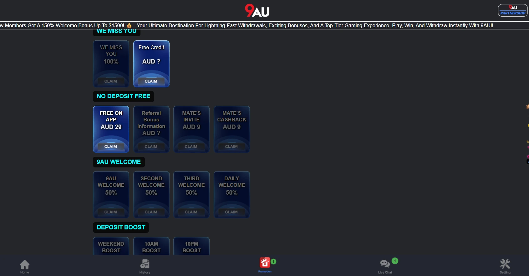 9AU promotions page with rows of claim cards for welcome, no deposit and deposit boost offers