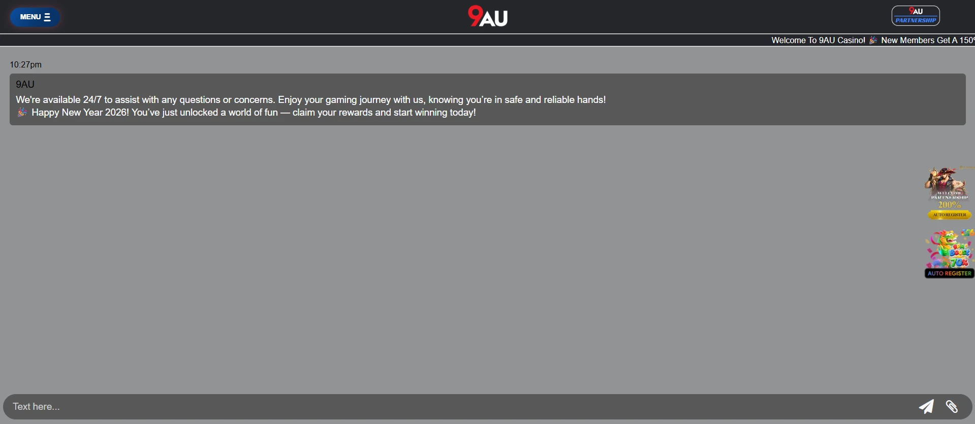 9AU live chat window with a greeting saying the team is available 24/7 and a message box with an attachment icon