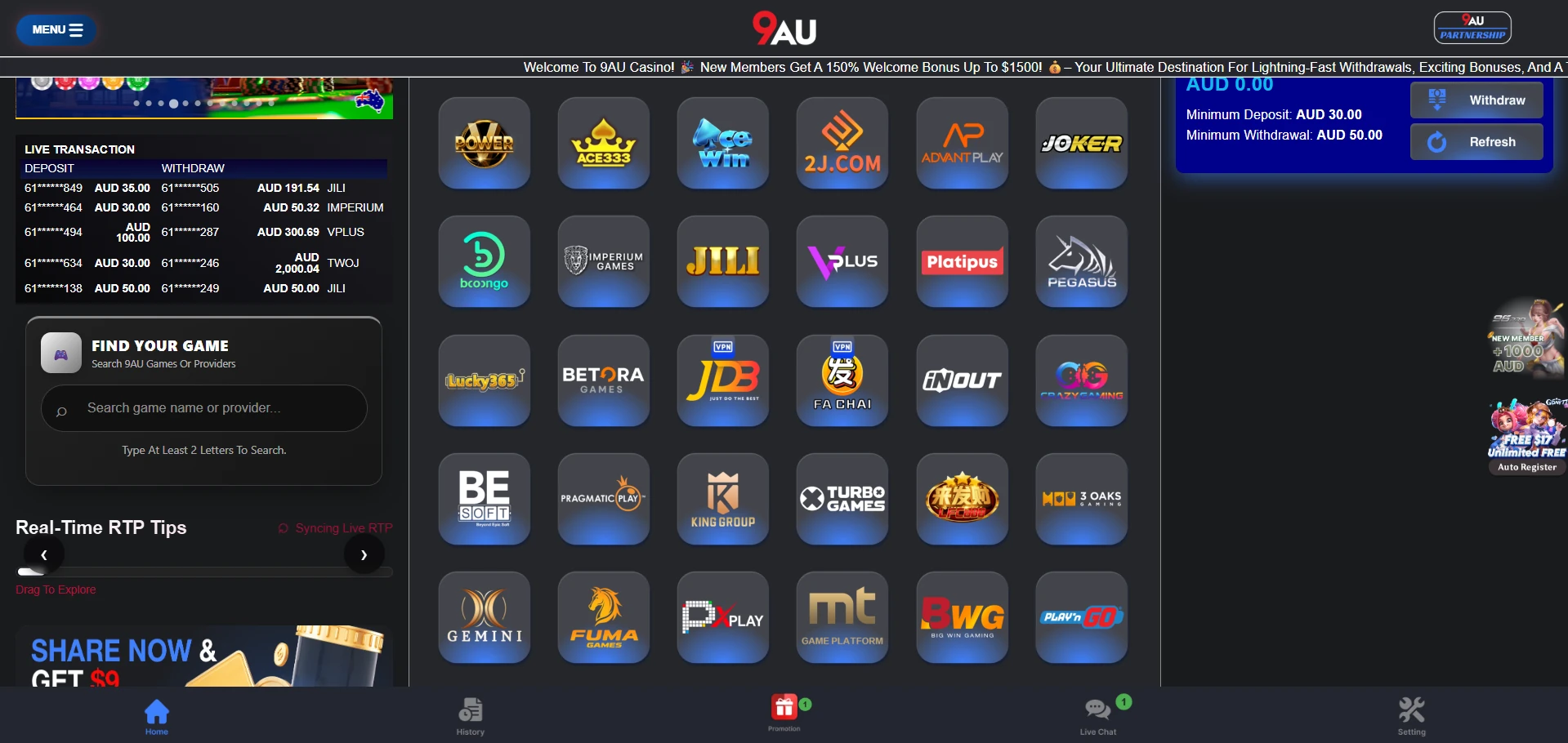 9AU game lobby with a grid of studio tiles including JILI, Booongo, JDB, Fa Chai, Pragmatic Play and Play'n GO