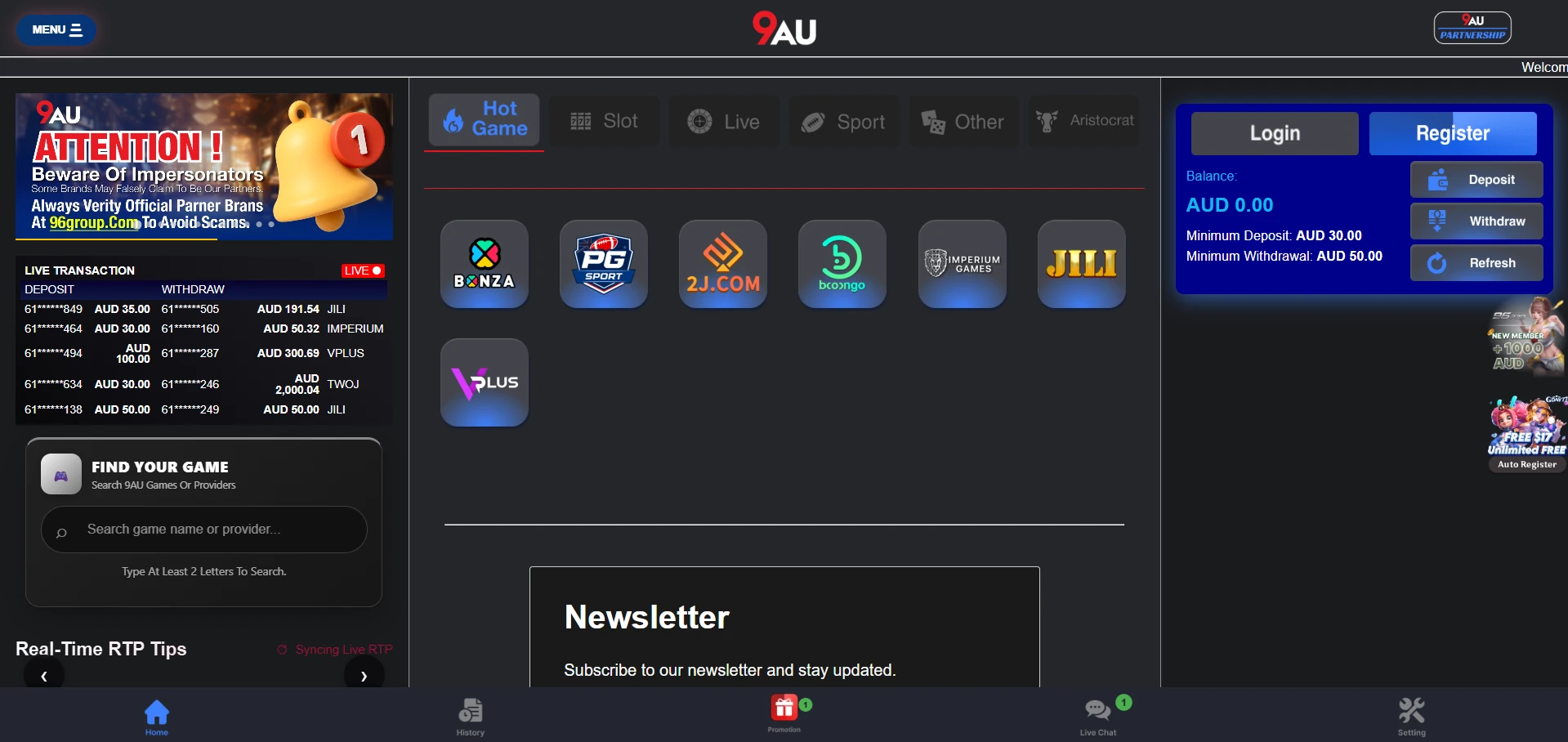 9AU home page with Hot Game, Slot, Live and Sport tabs, a grid of studio tiles and a search box for games or providers