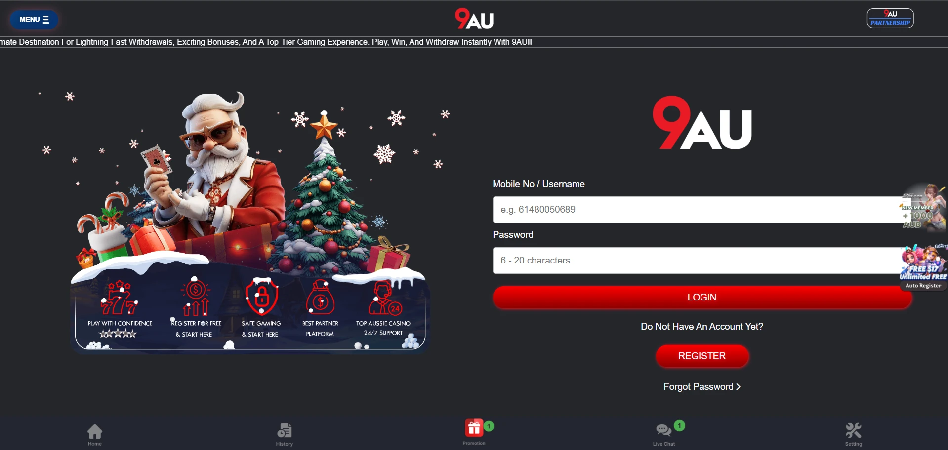 9AU login form with a field for mobile number or username, a password field, a Login button and Register and Forgot Password links