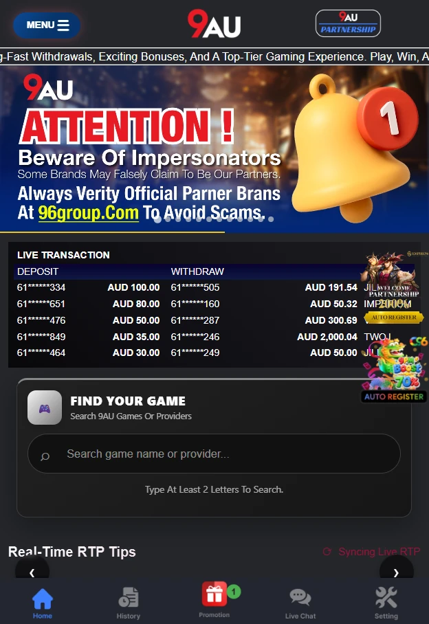 9AU mobile home page with the impersonator warning banner, live transaction feed, game search box and bottom menu